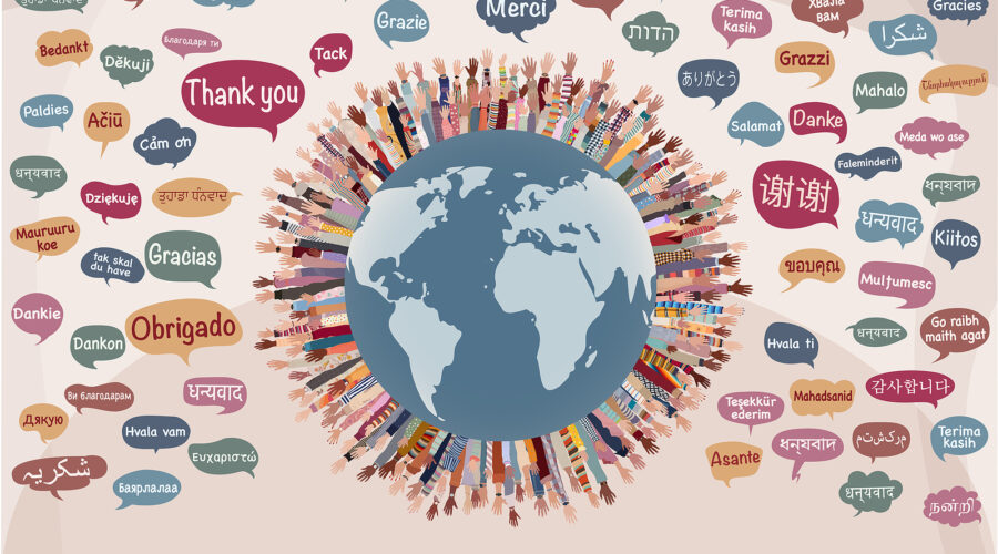 Group of raised hands of people diversity in a circle of the earth with speech bubbles with text -Thank you- in various languages and dialects of different countries and continents